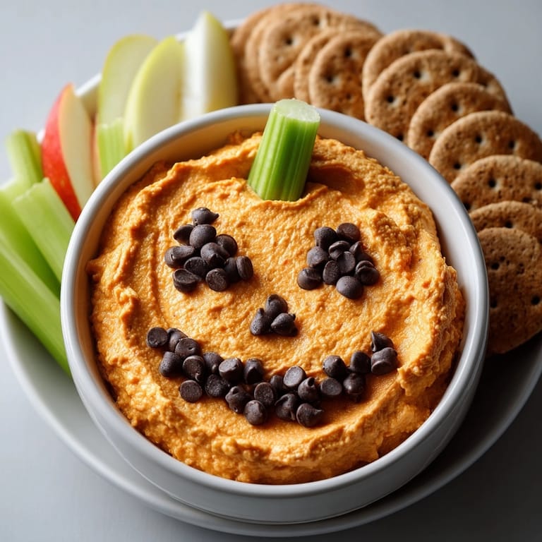 Close up of Jack-o'&lt;-Lantern Cheesecake Dip; imagine tasting the smooth pumpkin and spice!