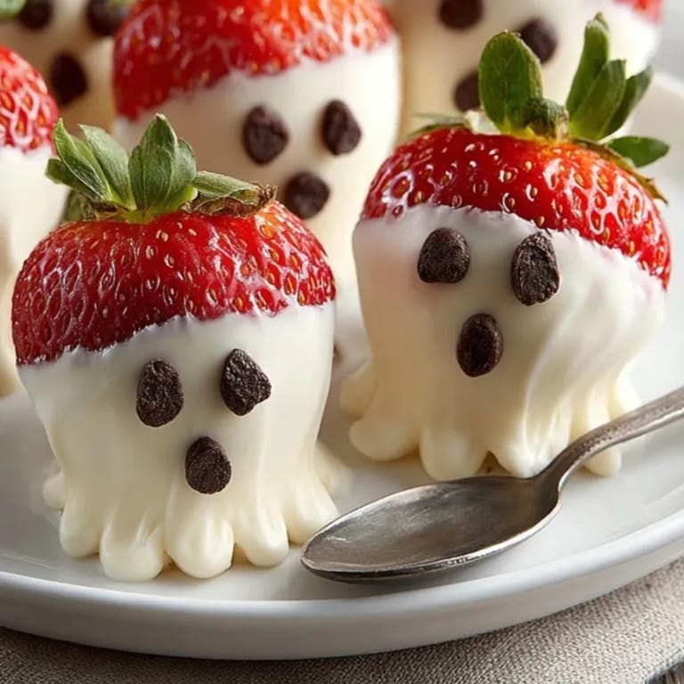 Homemade Yogurt-Covered Strawberry Ghosts: dipped fruit with yogurt and chocolate chips—easy recipe