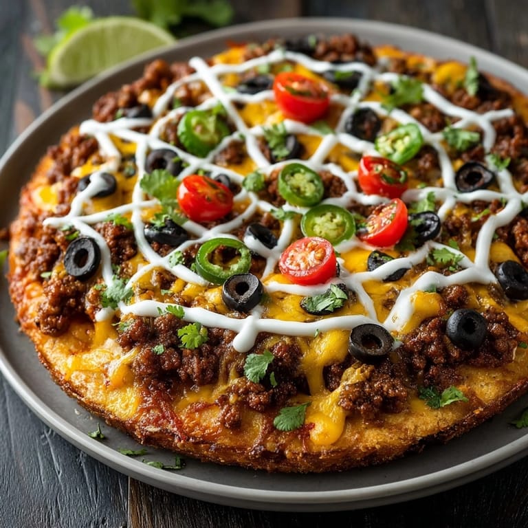 A fun, flavorful Spiderweb Taco Pizza, baked to perfection with fresh cilantro garnish.