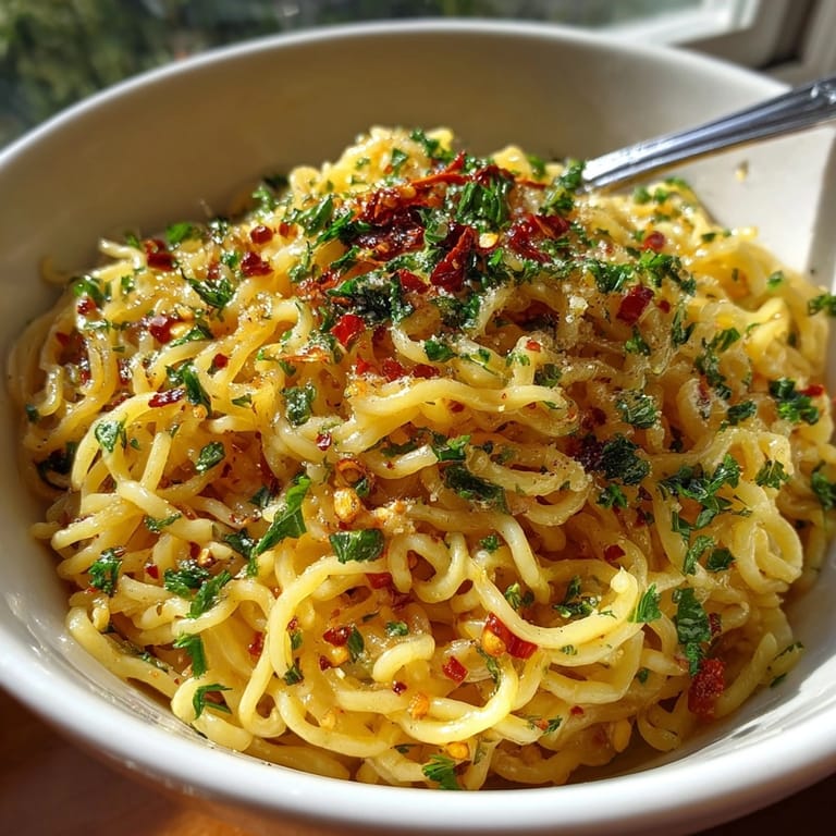Golden Garlic Butter Pasta Ramen Hack in a bowl, ready to eat, showcasing rich sauce.