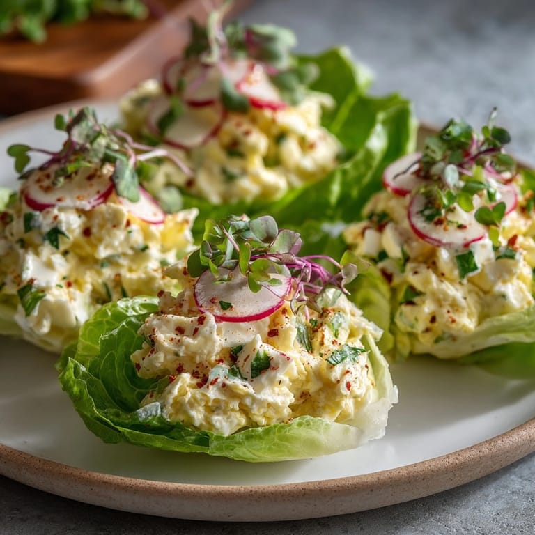 Simple Egg Salad Lettuce Wraps photograph, garnished with chopped herbs and radish slices.