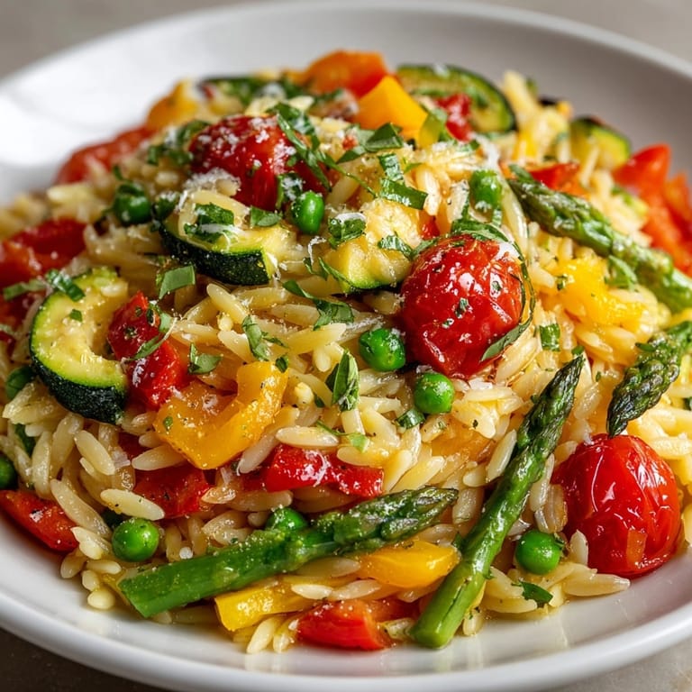 Lemony and bright Orzo Primavera with Fresh Vegetables served in a bowl, ready to savor.