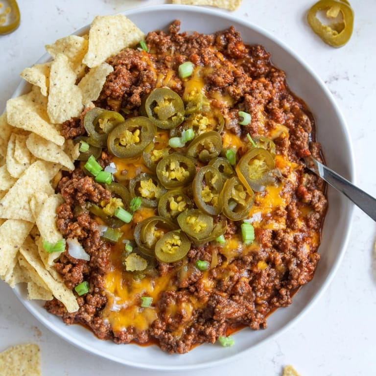 Close-up of bubbling, cheesy Diner-Style Sloppy Joe Dip, ready to be scooped with tortilla chips.