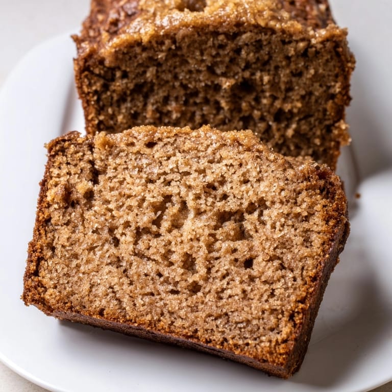 Slice of moist Chai Spice Muffin Loaf reveals warm spices, ready for tea.