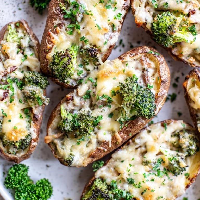 Broccoli Alfredo Stuffed Potato Skins: Imagine a crispy, buttery shell filled with savory comfort.