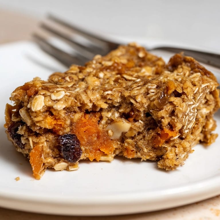 Close-up of a Protein Carrot Cake Oat Bar showing moist texture and visible carrot shreds.