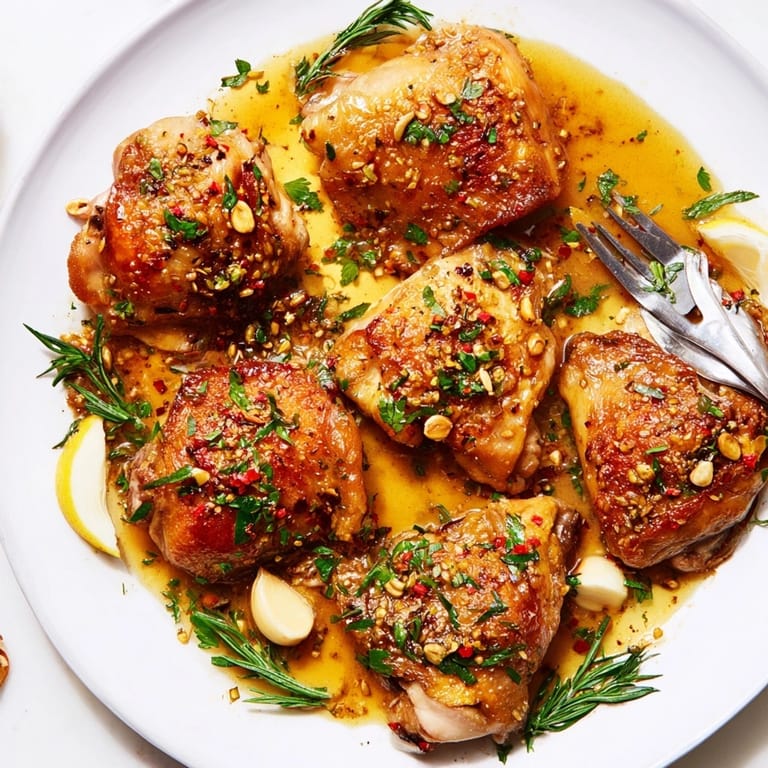 Close-up of glistening Garlic Brown Butter Chicken Thighs; serve over creamy mashed potatoes.