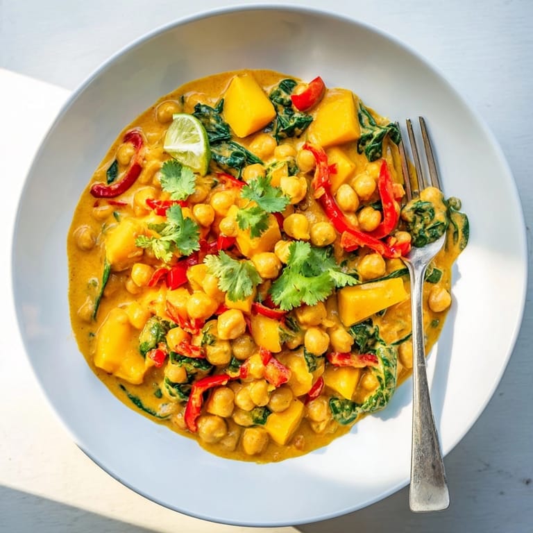 Top-down shot of the vegan Mango Curry Chickpea Skillet garnished with lime wedges.