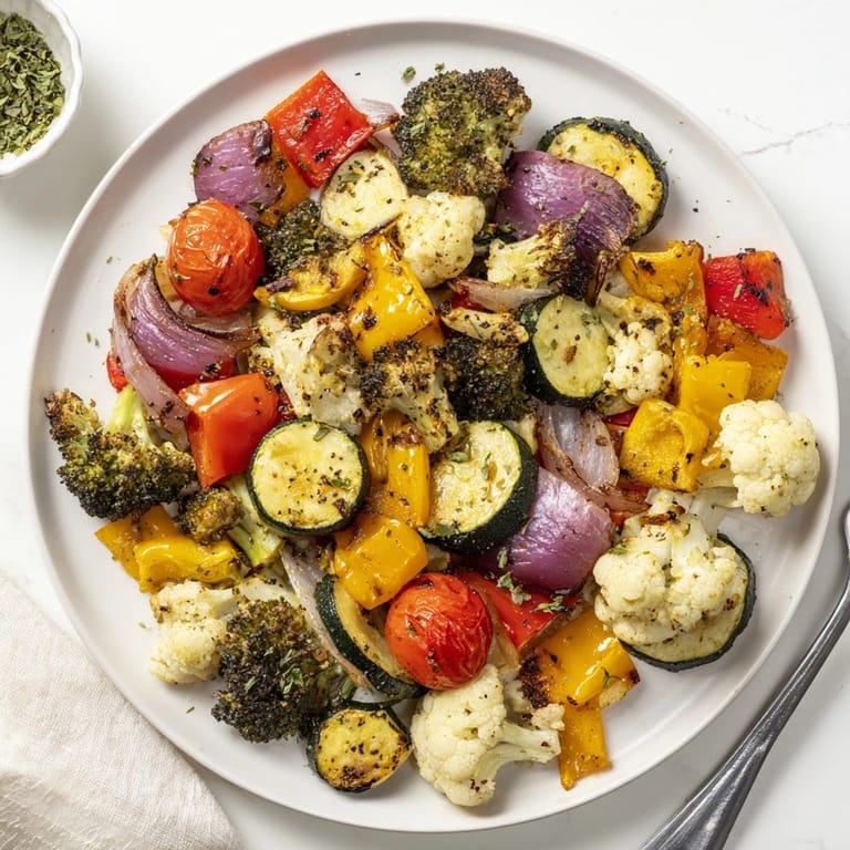 Sizzling sheet pan of Garlic Parmesan Roasted Veggies, crisp-tender and smelling strongly of herbs.