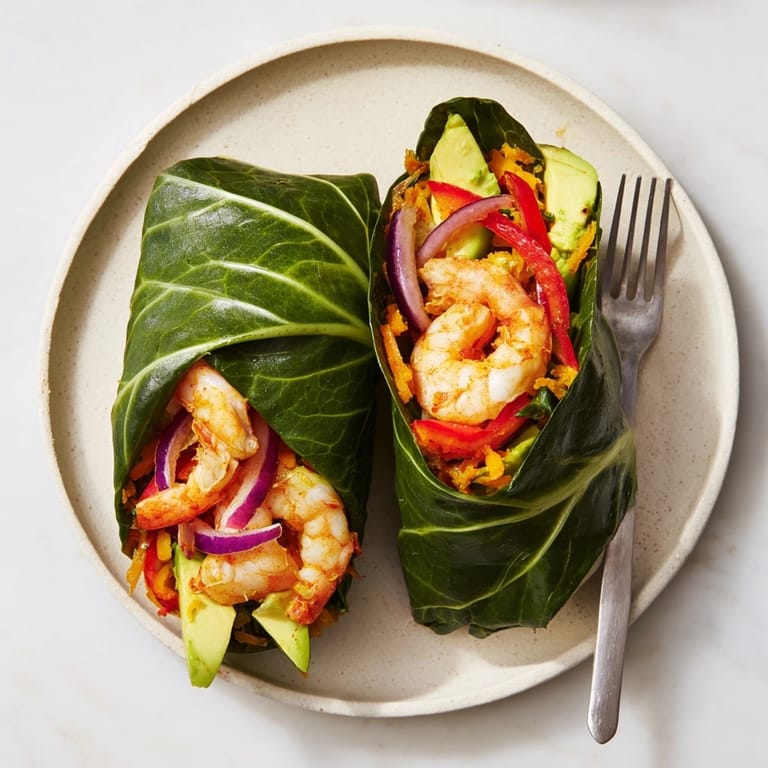 Close-up of vibrant Shrimp &amp; Cheddar Collard Green Wraps filled with vegetables.