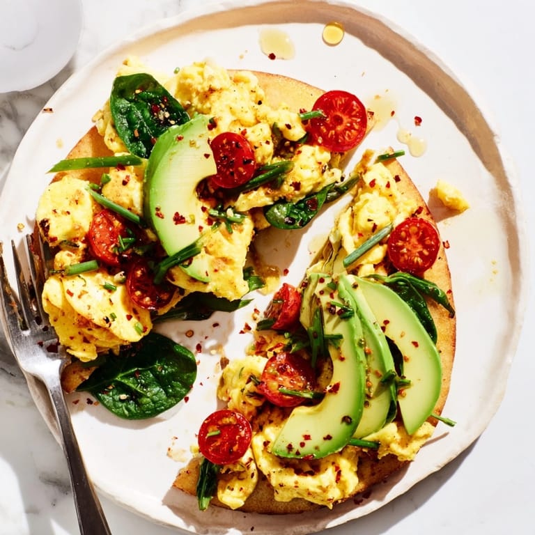 Creamy Avocado Scrambled Egg Breakfast Pizza, a satisfying morning meal baked until bubbly.