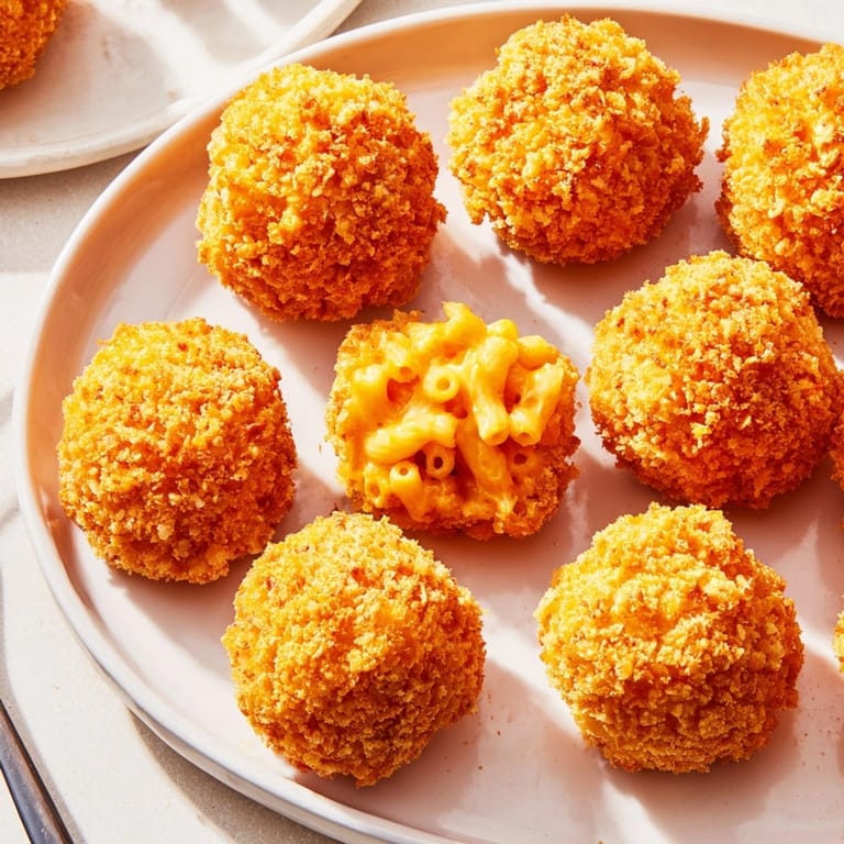 Homemade Cheesy Mac and Cheese Rice Balls recipe, fried until perfectly golden and crunchy.