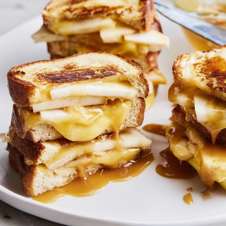 Close-up of savory-sweet Caramel Apple Mini Grilled Cheese Bites, ready for dipping.
