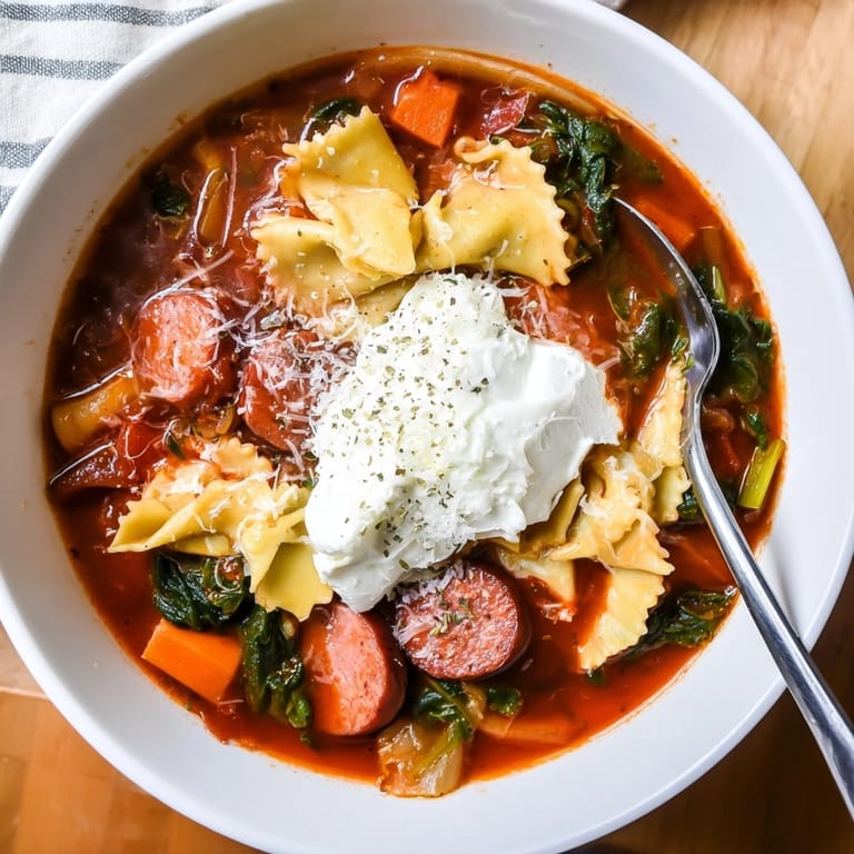 Warm Lasagne Soup, topped with creamy ricotta and melted mozzarella, a comforting bowl.