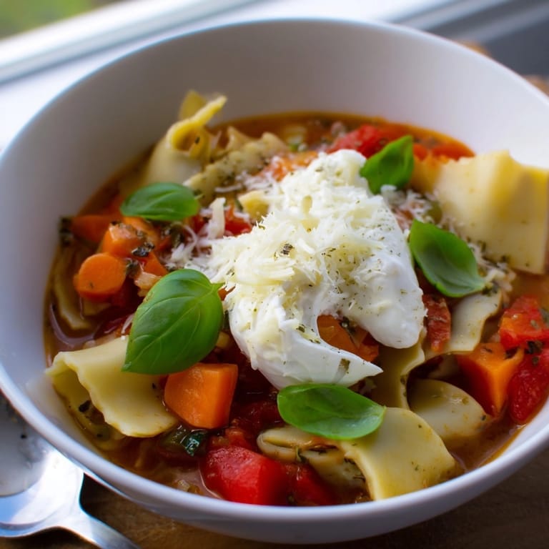 Warm, inviting Lasagne Soup with Pumpkin Ricotta, ready to be enjoyed as hearty dinner.