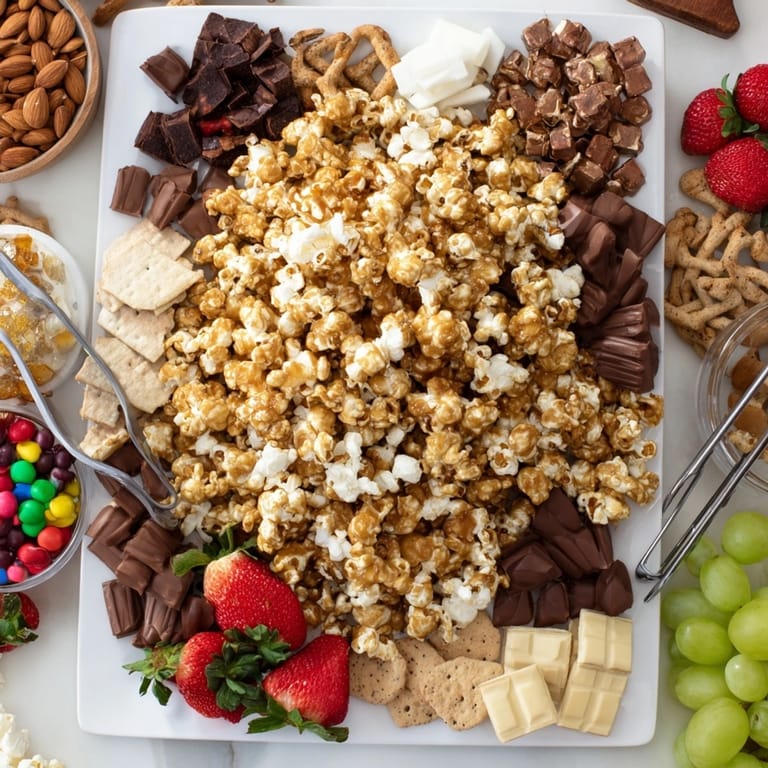 Vibrant Caramel Popcorn Charcuterie Board featuring crunchy popcorn, sweet fruits, and savory nuts.