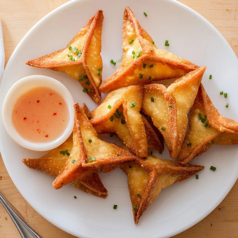 Savory Crispy Pumpkin Wonton Bites recipe: Triangle-shaped, stuffed dumplings, served with a red dipping sauce.