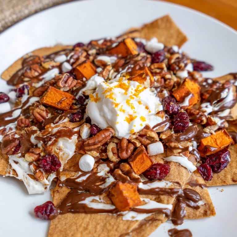 Easy recipe for Spicy Thanksgiving Dessert Nachos: spiced sweet potatoes, sweet chocolate, and fruit.