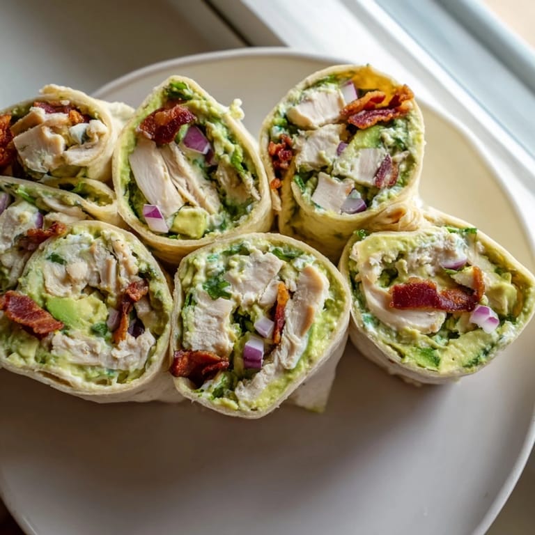 Savory avocado chicken bacon pinwheels sliced into bite-sized pieces, perfect for parties.  