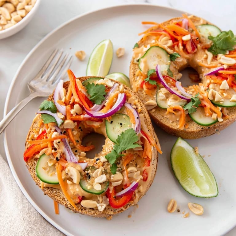 Toasted bagel halves spread with rich peanut sauce and colorful toppings await. 