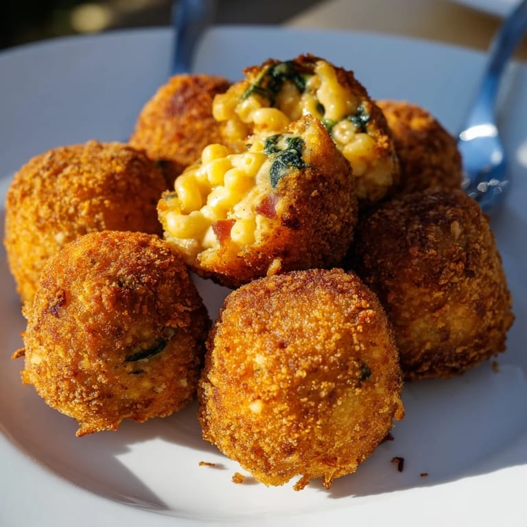 Delicious bite-sized Mac and Cheese Bacon Spinach Poppers with a crunchy crust.  