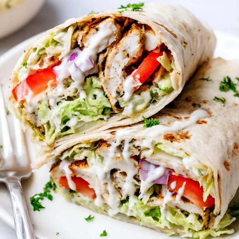 Savory Garlic Herb Chicken Alfredo Wraps packed with juicy chicken, fresh tomatoes, and herbs.