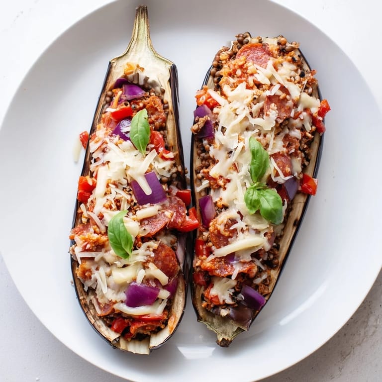 Healthy Protein Eggplant Pizza Boats, perfect for a satisfying vegetarian meal, served hot.