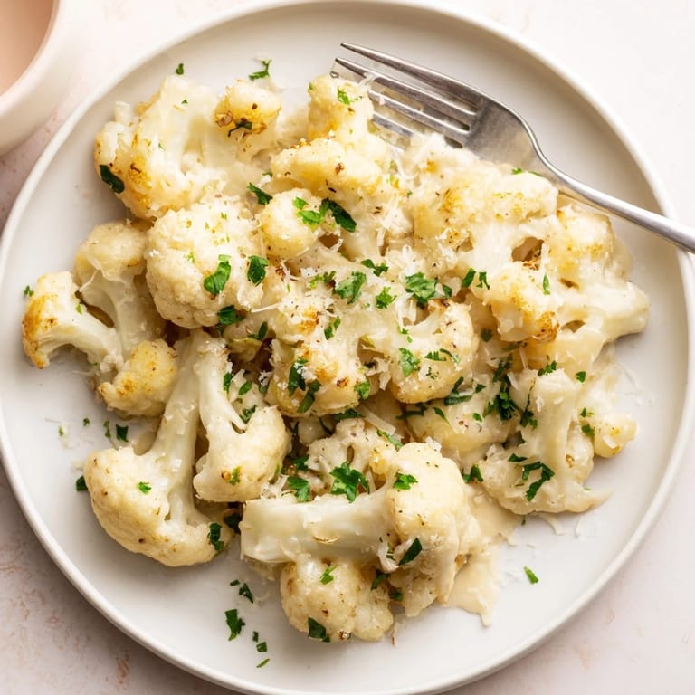 Sautéed garlic in a creamy Alfredo cauliflower skillet, perfect for a low-carb dinner.
