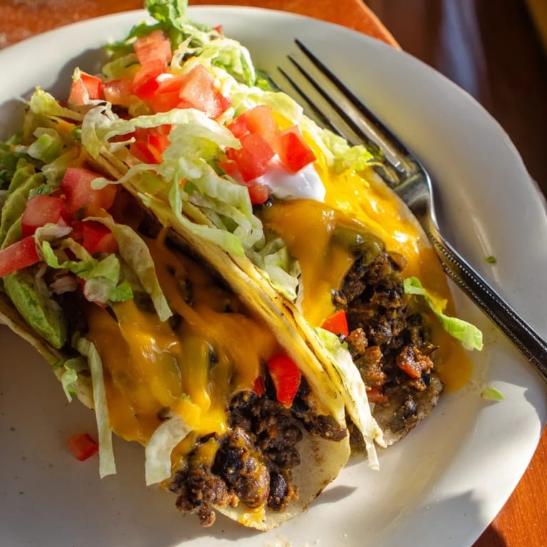 Delicious Cheesy Cajun Black Bean Tacos topped with creamy sour cream and avocado.