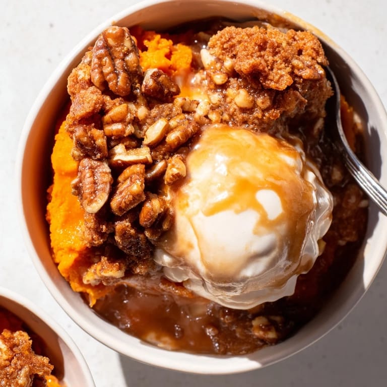 Indulgent Sweet Potato Casserole Rebel Float served with rich caramel and ice cream scoop.