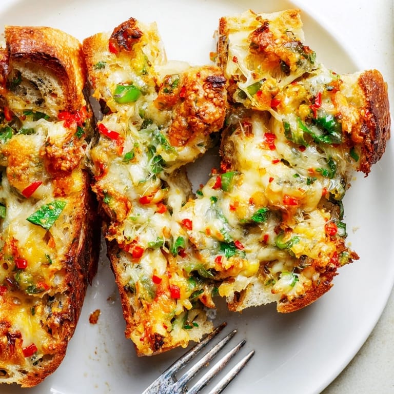 Mouthwatering chili cheese garlic bread slices, garnished with fresh herbs and melted cheese.  