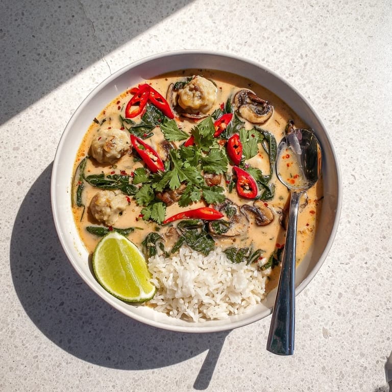 Delicious Thai Coconut Meatball Soup Bowls served with fresh cilantro and lime wedges.