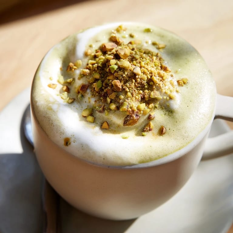 Delicious pistachio milk latte topped with frothy milk and a nutty twist.  