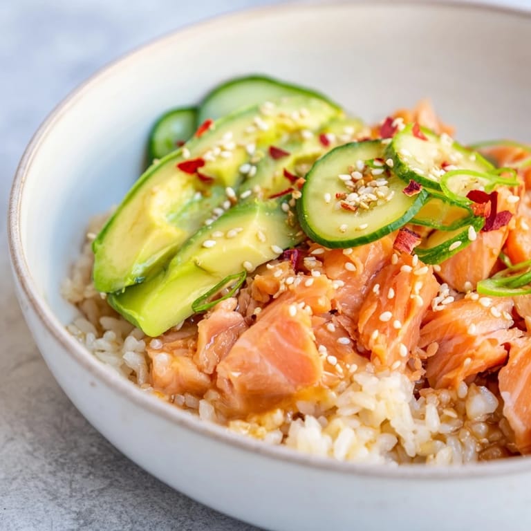 Quick leftover salmon and rice bowl garnished with pickled ginger and sesame seeds.