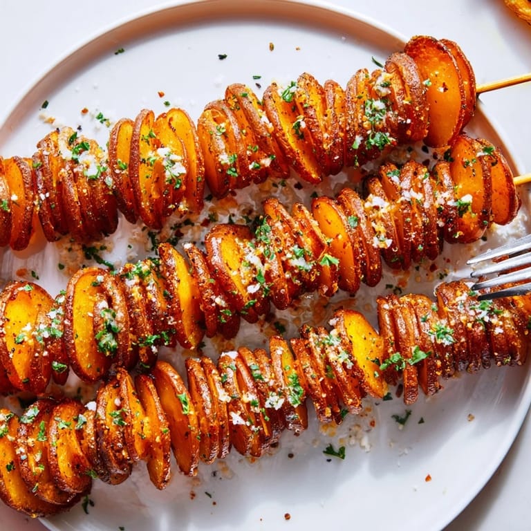 Golden-brown spiral potatoes seasoned with garlic and paprika for a delightful crunch.  