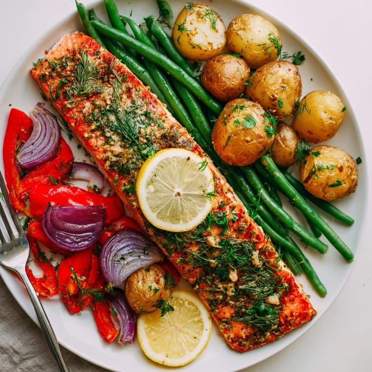 Zesty Lemon Herb Salmon paired with colorful roasted vegetables on a dinner plate.