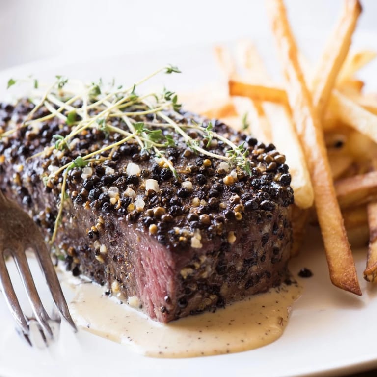Tender Classic Peppercorn Ribeye bursting with flavor, paired perfectly with crispy fries.