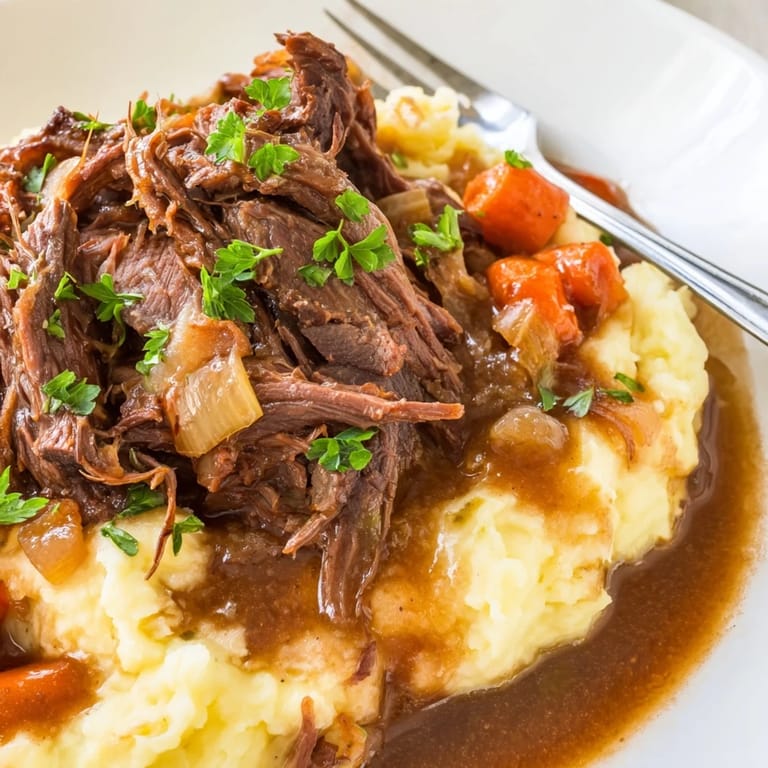 Tender Slow Cooker Pot Roast accompanied by creamy mashed potatoes and fresh vegetables.  