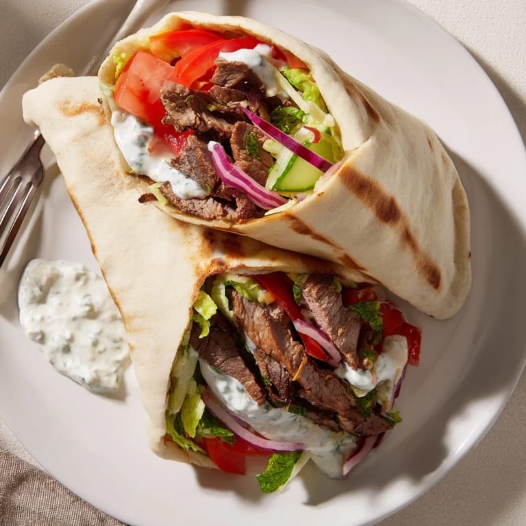 Delicious beef shawarma wraps served with vibrant veggies and creamy yogurt dip.