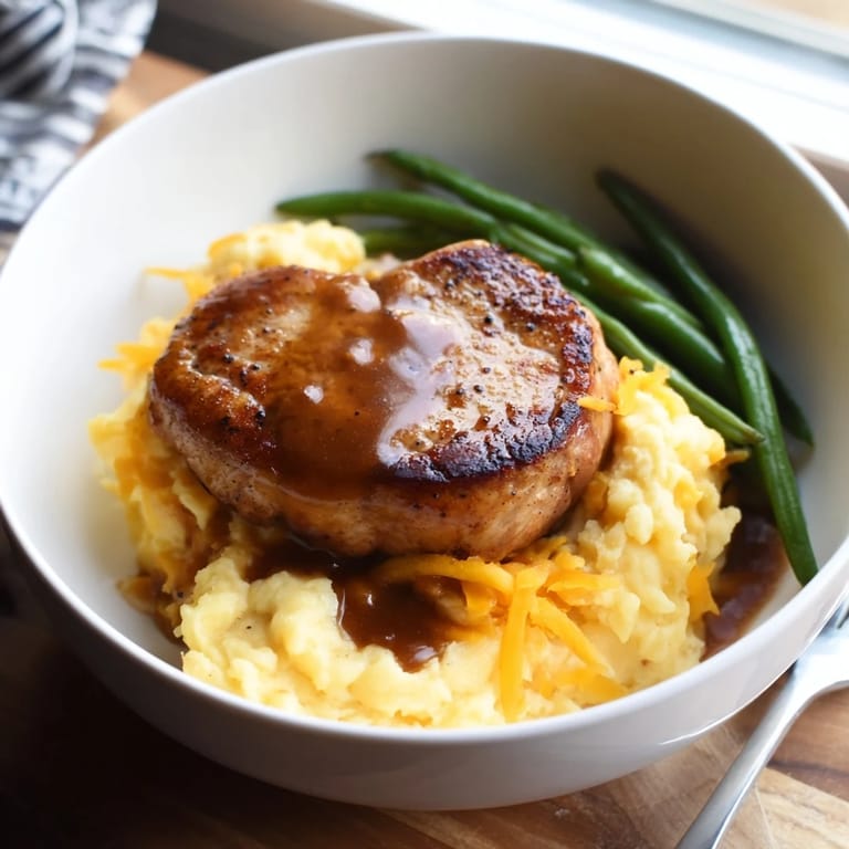 Sizzling pork chops topped with rich pan gravy over velvety cheddar mash delight.