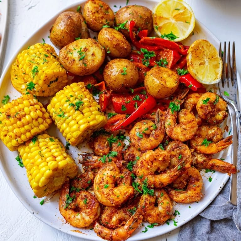 Colorful Cajun shrimp and sweet corn dish, perfect for summer gatherings and barbecues.  