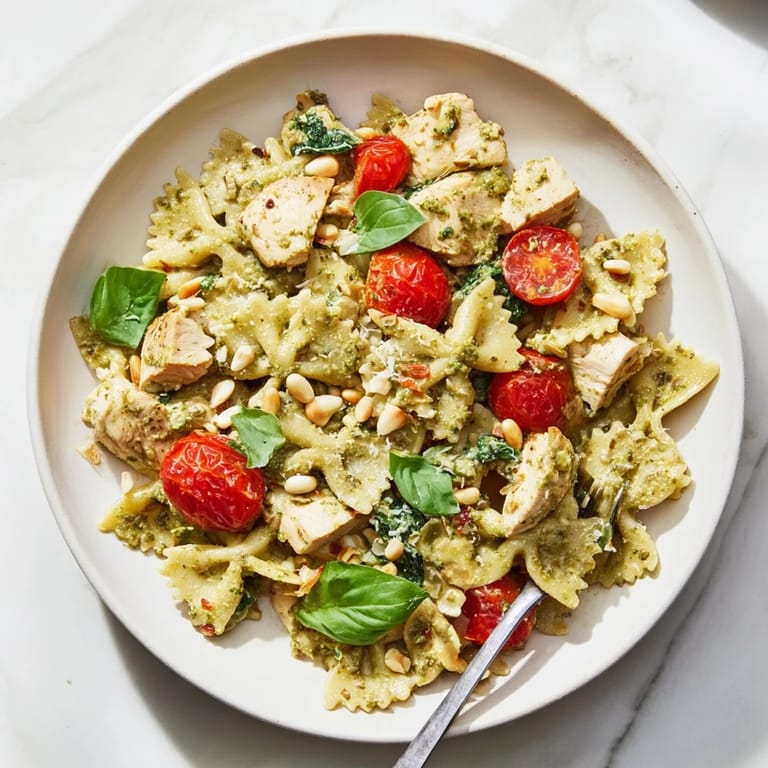 Delicious bowl of pesto chicken bowtie pasta garnished with pine nuts and tomatoes.  