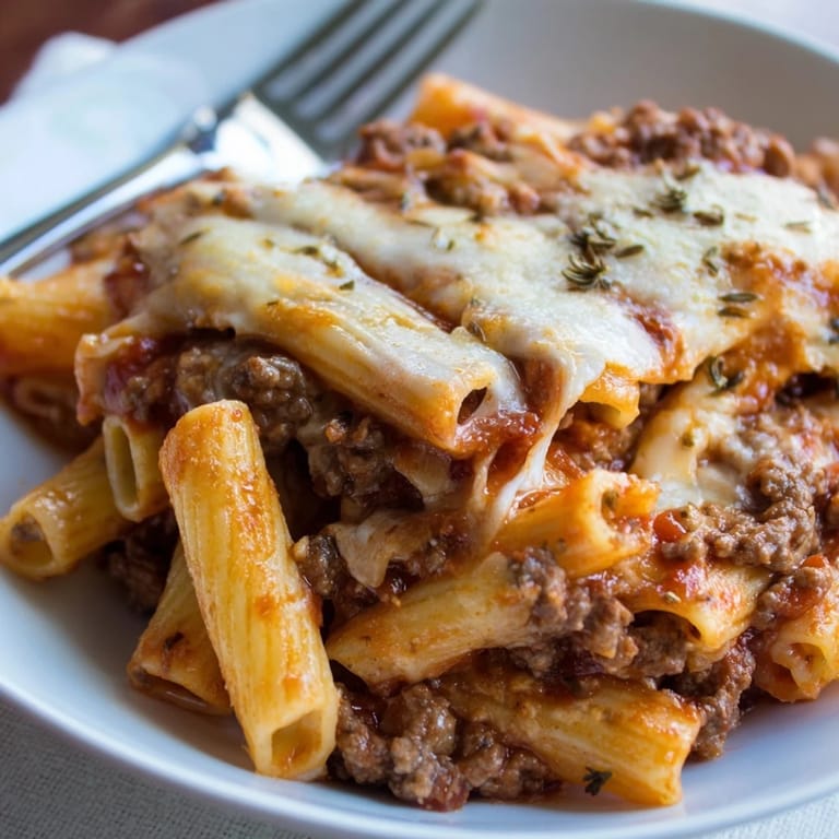 Warm Cheesy Beef & Penne Bake, bubbling cheese atop savory ground beef and pasta blend.
