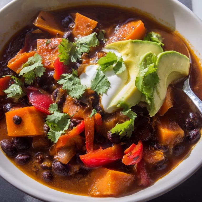 Warm and flavorful Sweet Potatoes & Black Bean Chili topped with creamy sour cream.