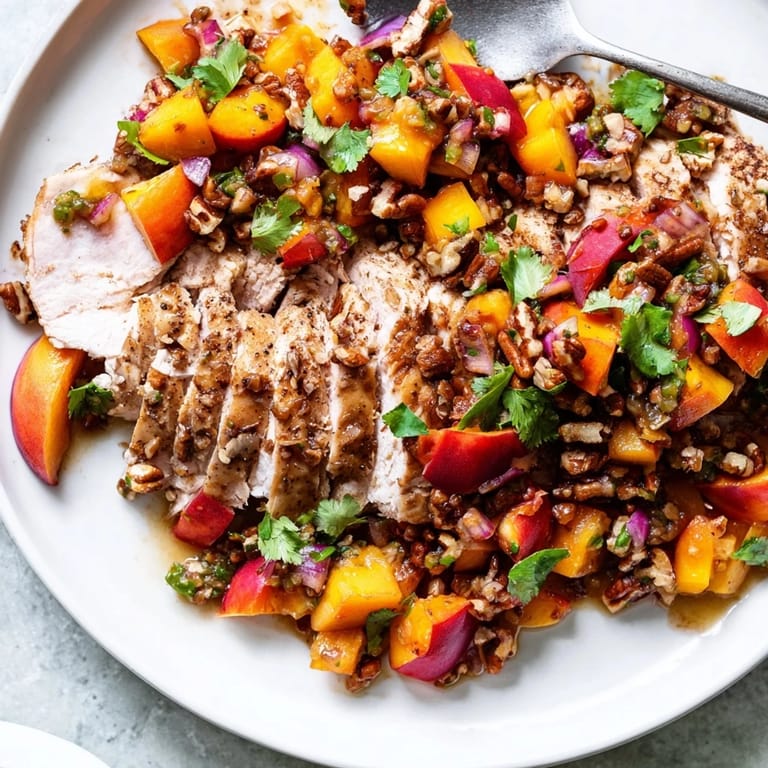 Baked Spicy Peach & Pecan Salsa Chicken garnished with fresh peach salsa, perfect for summer.