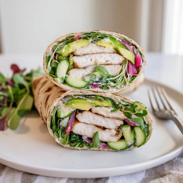 Colorful microgreen & honey mustard chicken wraps, served with creamy sauce and avocado.