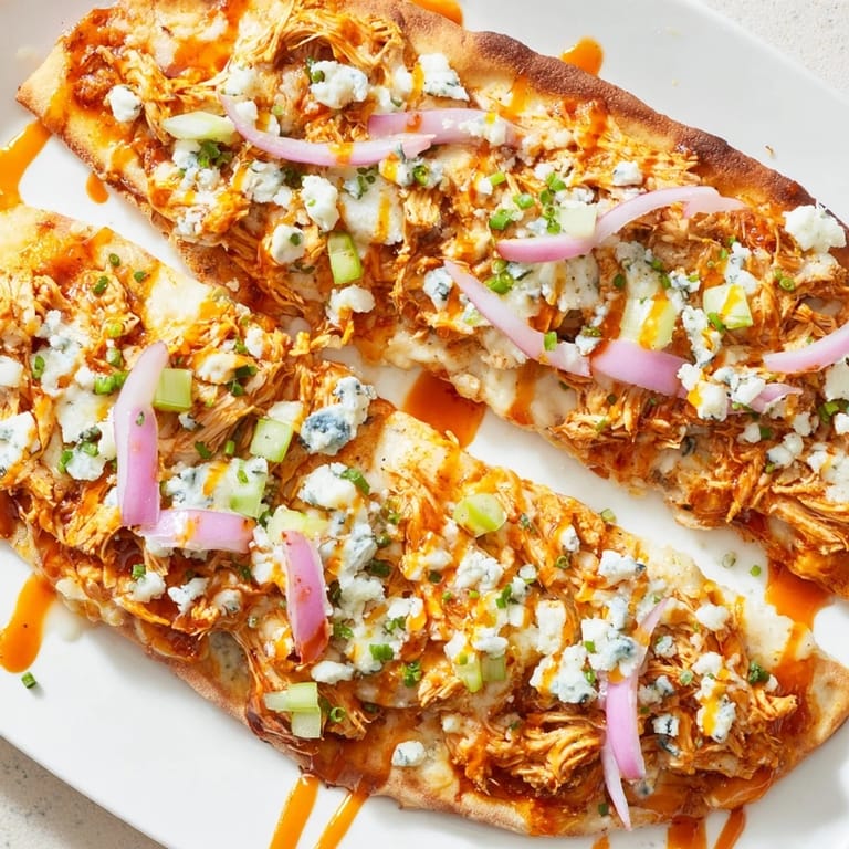 Satisfying buffalo chicken & blue cheese flatbread, perfect for game day or casual gatherings.