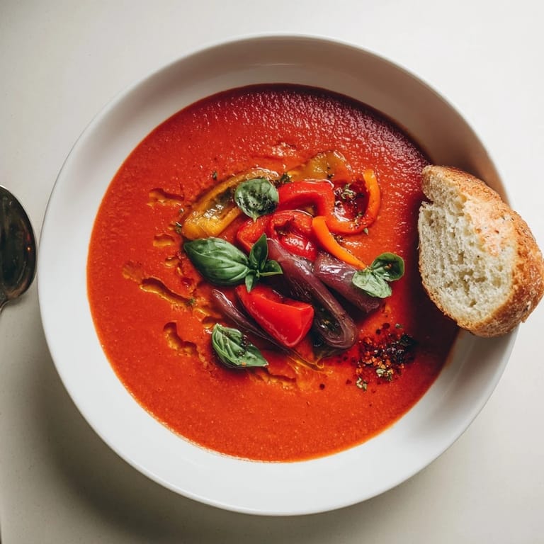 Vibrant Spicy Tomato & Roasted Pepper Soup served with crusty bread for dipping.  