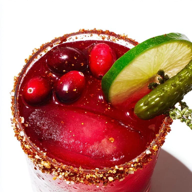 Vibrant pink DIY Cranberry-Pickle Margarita with a spicy salt rim, perfect for entertaining guests.