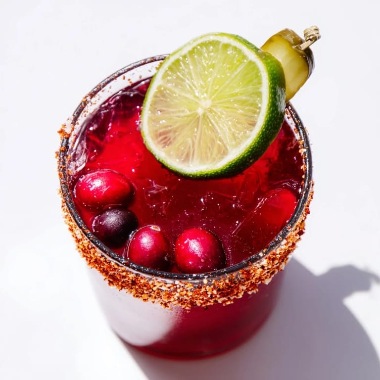 Close-up of a refreshing DIY Cranberry-Pickle Margarita, highlighting vibrant colors before a taste.